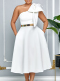 EVE Plus Size Solid Color Slash Shoulder Midi Dress(Without Belt) GCZF-8607