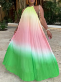 EVE Plus Size Hang Neck Loose Gradient Color Pleated Maxi Dress GCZF-8583