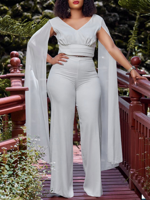 EVE Plus Size V-neck Top Wide Leg Pants 2 Piece Set GCZF-8561