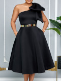 EVE Plus Size Solid Color Slash Shoulder Midi Dress(Without Belt) GCZF-8607