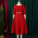 EVE Plus Size Solid Color Half Sleeve Midi Dress(With Belt) GCZF-8600