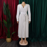 EVE Plus Size V Neck Solid Color Belt Maxi Dress GCZF-8557