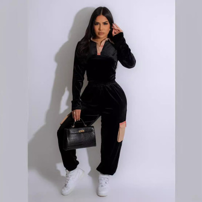 EVE Printed Patchwork Gold Velvet Long Sleeve Pants Set TE-4713