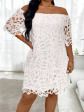 EVE Solid Hollow Out Lace Off Shoulder Midi Dress GWDS-241010