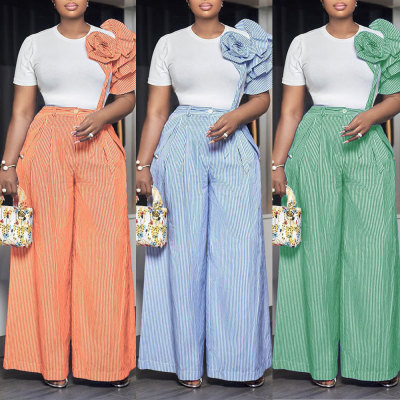 EVE Plus Size Short Sleeve Stripe Loose Two Piece Pants Set NY-3271
