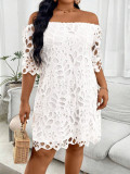 EVE Solid Hollow Out Lace Off Shoulder Midi Dress GWDS-241010