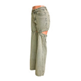EVE Washed Hollow Out Staight Jeans LX-5538