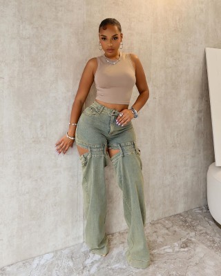 EVE Washed Hollow Out Staight Jeans LX-5538
