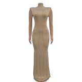 EVE Long Sleeve Mesh Hot Drill Maxi Dress BY-6863