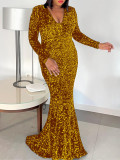 EVE Plus Size Sequin V Neck Long Sleeve Fishtail Dress GATE-545