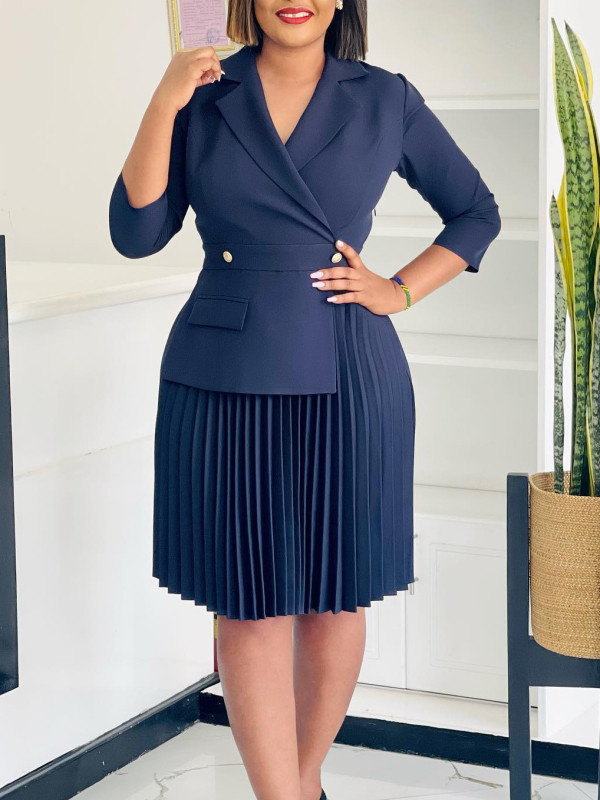 EVE Plus Size Solid Color Press Pleated Midi Dress GATE-543