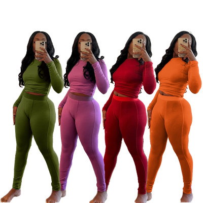 EVE Solid Color Long Sleeve Yoga Two Piece Pants Suit MEM-88606