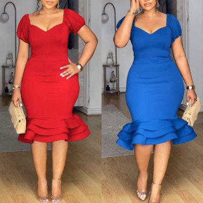 EVE Plus Size Lantern Sleeve Wave Hem Midi Dress NY-10923
