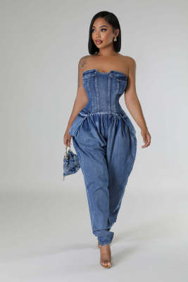 EVE Sexy Wrap Chest Slim Denim Jumpsuit LX-6035