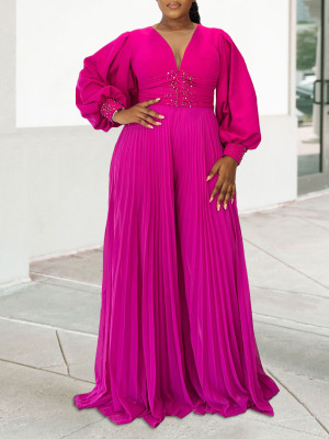 EVE Plus Size Long Sleeve Wide Leg Pressed Pleat Jumpsuit GCZF-8603