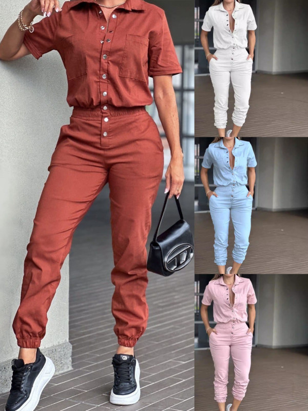 EVE Solid Color Lapel Single-breasted Jumpsuit GWDS-240787