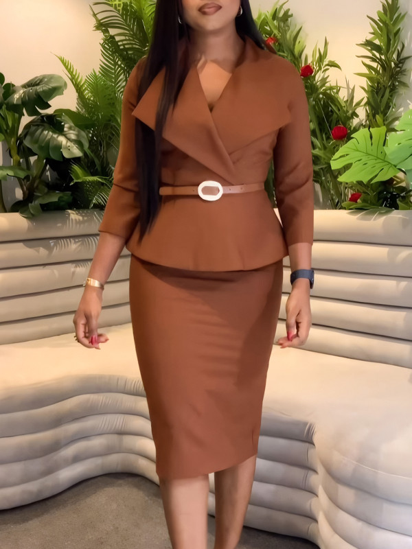 EVE Solid Color Lapel Pencil Skirt 2 Piece Set GATE-542