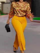 EVE Plus Size Print Long Sleeve Shirt Wide Leg Pants Suit GATE-541