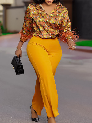 EVE Plus Size Print Long Sleeve Shirt Wide Leg Pants Suit GATE-541
