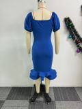 EVE Plus Size Lantern Sleeve Wave Hem Midi Dress NY-10923