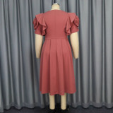 EVE Plus Size Ruffles Sleeve Solid Color Midi Dress GKEN-040736