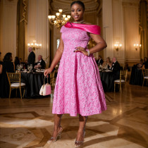 EVE Plus Size Print Slash Shoulder Midi Dress GKEN-040830