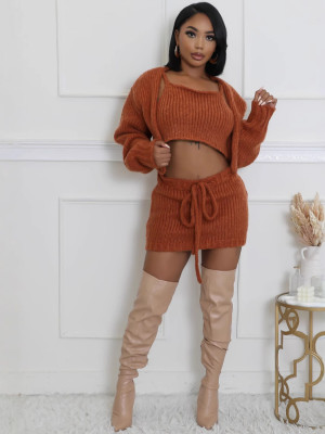 EVE Solid Color Sling Vest Bandage Sweater Two Piece Skirt Set GDYF-6695