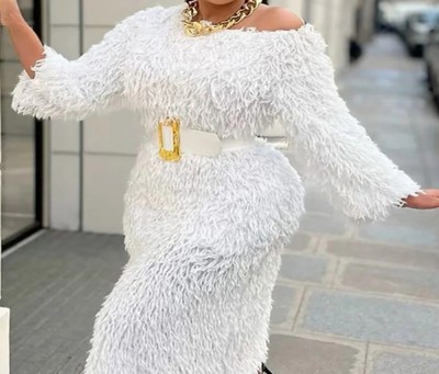 Plus Size Furry Tassel Belt Long Sleeve Midi Dress GXYY-8278