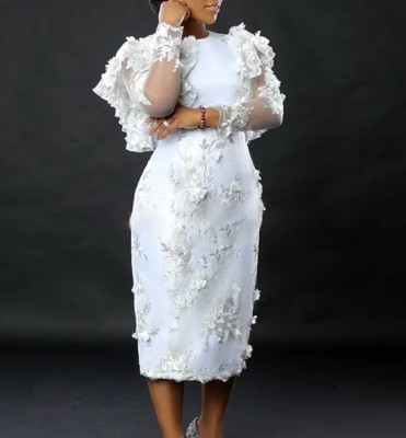 EVE Petal Lace Lace Ruffle Long Sleeve Midi Dress GXYY-8261