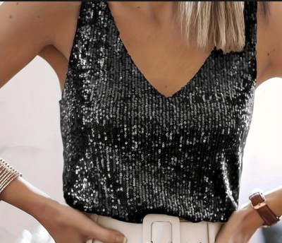 EVE Plus Size Sequin V Neck Vest Tops GXYY-8370