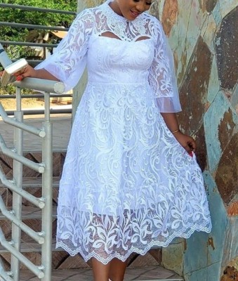 EVE Plus Size Long Sleeve Lace Lace Mesh Long Dress GXYY-8289