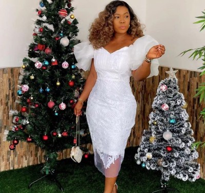 EVE Plus Size V Neck Lace Bubble Sleeve Split Midi Dress GXYY-8116
