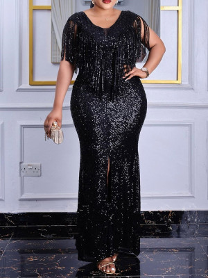 EVE Plus Size Sequin Tassel Maxi Dress GXYY-8141