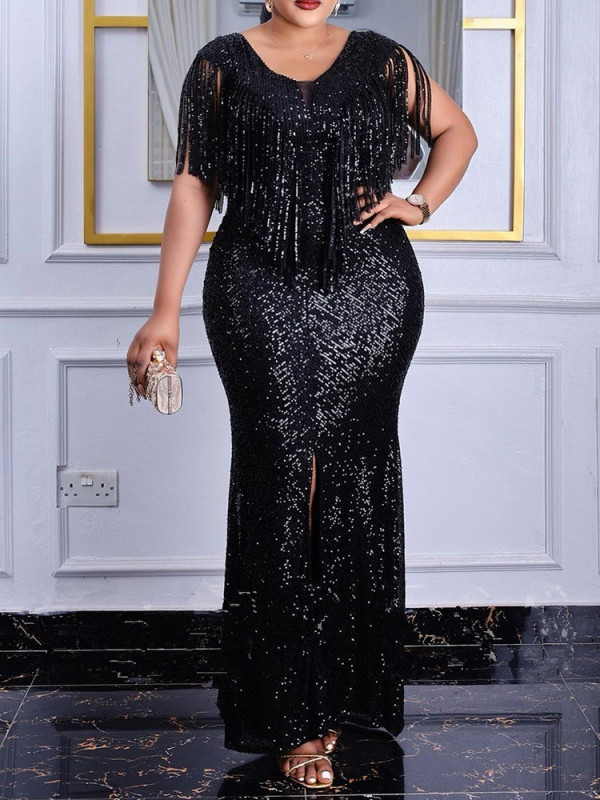 EVE Plus Size Sequin Tassel Maxi Dress GXYY-8141