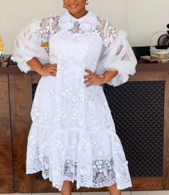 EVE Plus Size Lace Hollow Out Lace Halter Two-Piece Irregular Dress GXYY-8288