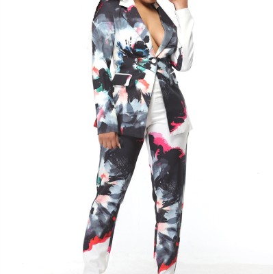 EVE Plus Size Print Blazer Coat And Pants 2 Piece Set GXYY-8197