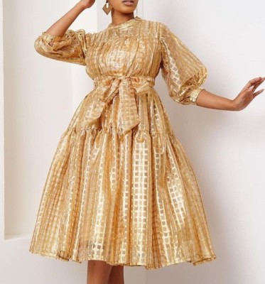 EVE Plus Size 3/4 Sleeve Tie Up Midi Dress GXYY-8299
