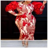 EVE Plus Size Bubble Sleeve Printed Midi Dress GXYY-8089
