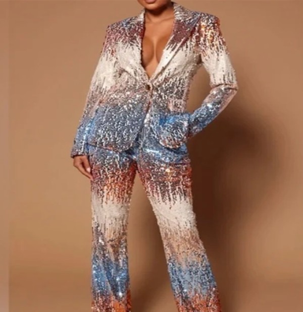 EVE Plus Size Casual Sequin Print Wide Leg Pants Suit GXYY-8266