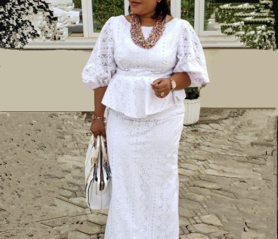 EVE Plus Size Lace Loose Bubble Sleeeve Skirt Suit GXYY-8287