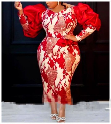 EVE Plus Size Bubble Sleeve Printed Midi Dress GXYY-8089