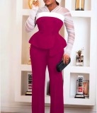 EVE Plus Size Mesh Patchwork Tops Wide Leg Pants Suit GXYY-8283