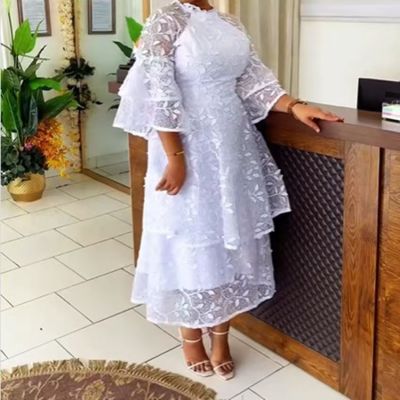 EVE Plus Size Mesh Lace Flare Sleeve Long Dress GXYY-8290