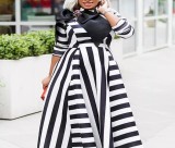 EVE Plus Size Stripe Print Long Sleeve Maxi Dress GXYY-8072