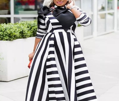 EVE Plus Size Stripe Print Long Sleeve Maxi Dress GXYY-8072
