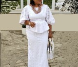 EVE Plus Size Lace Loose Bubble Sleeeve Skirt Suit GXYY-8287