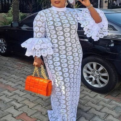 EVE Plus Size Lace Hollow Out Flare Sleeve Maxi Dress GXYY-8015