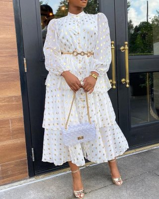 EVE Plus Size Ruffled Chiffon Print Long Sleeve Maxi Dress GXYY-6096