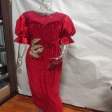 EVE Plus Size Bubble Sleeve Sequin Embroidery Maxi Dress GXYY-8029