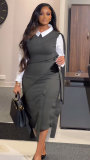 EVE Plus Size Contrast Color Fake Two-piece Midi Dress NY-10928